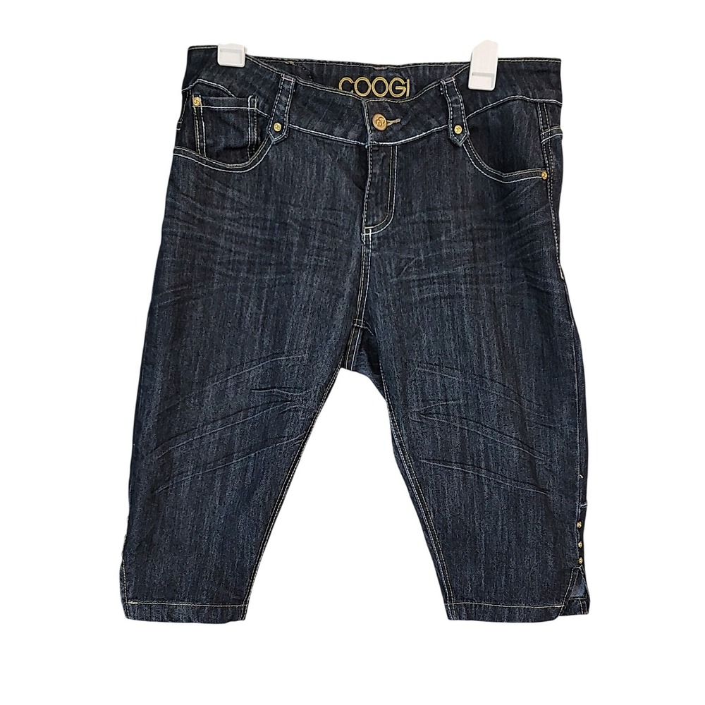 COOGI Denim‎ Capri Jeans Embellished Logo Button Fly Distressed Wash Womens